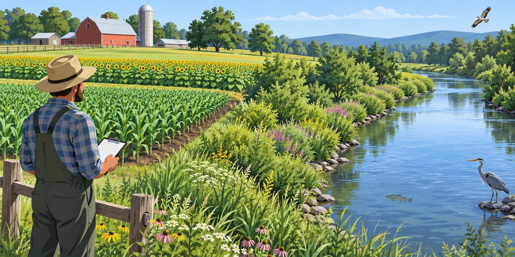 Exploração agrícola fictícia com duas culturas e faixa de vegetação junto ao rio.
