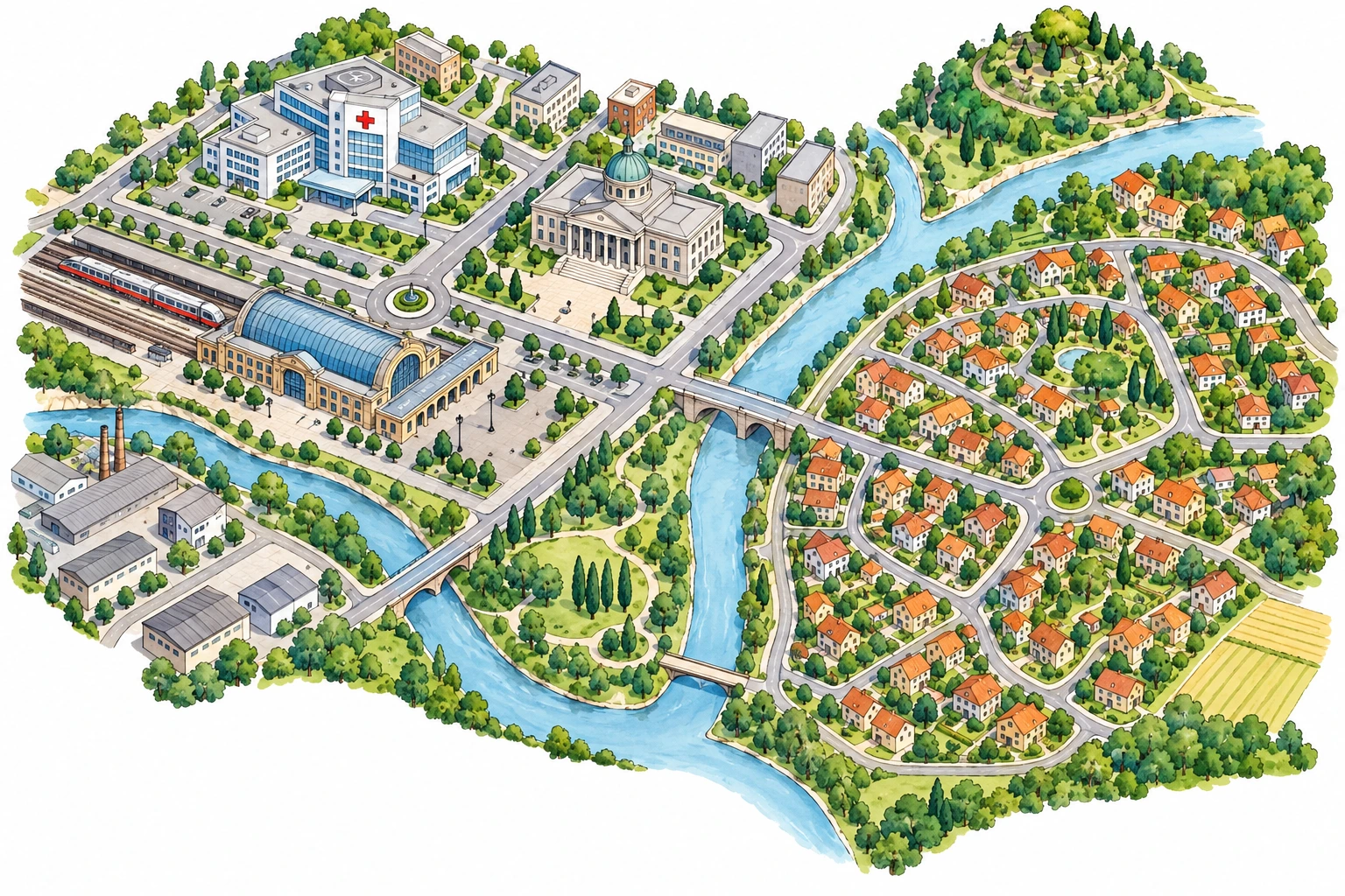 Mapa ilustrado de cidade fictícia com hospital, estação e edifício cívico num bairro e casas no outro.