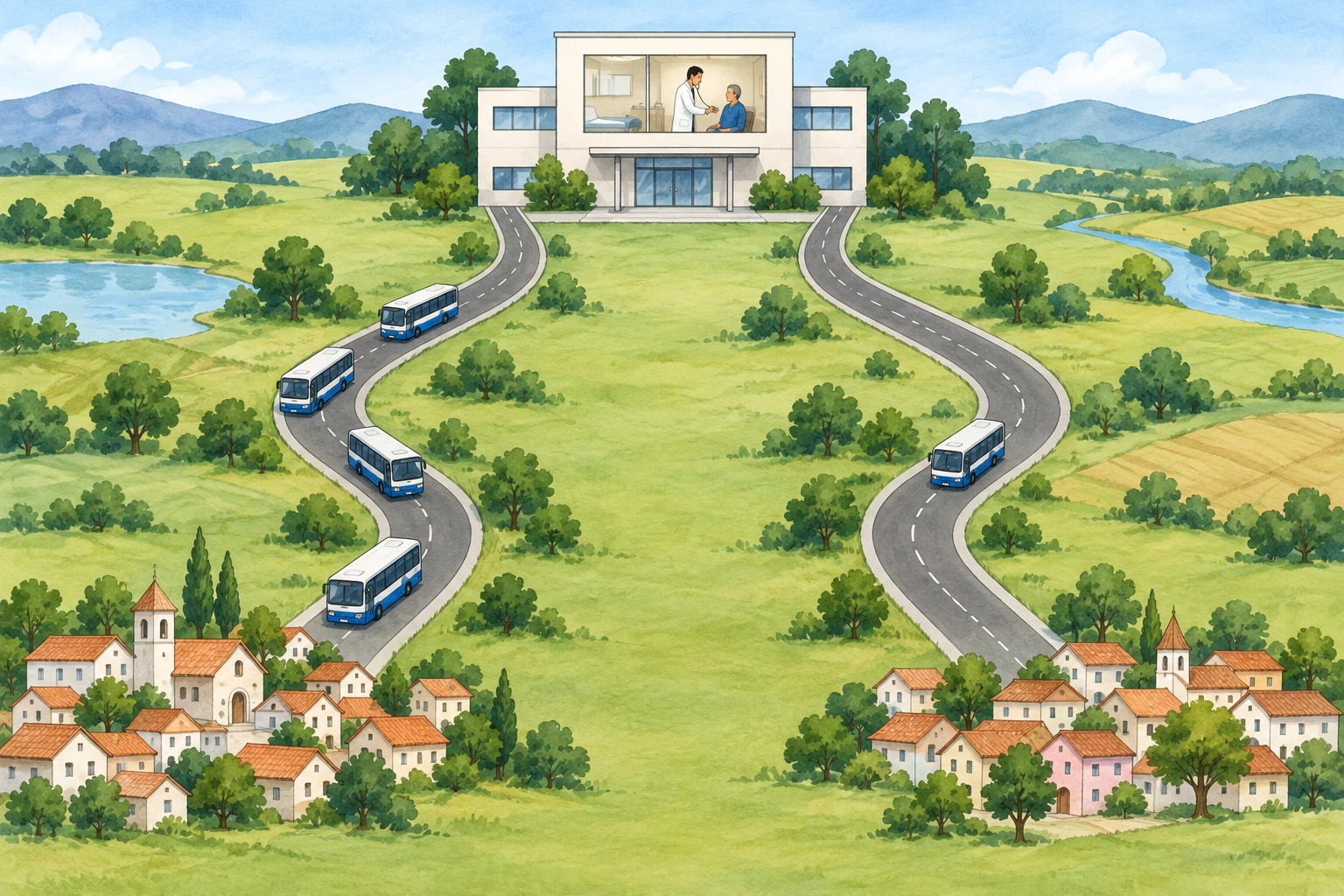 Duas localidades a distância comparável de hospital regional têm frequências de autocarro diferentes.