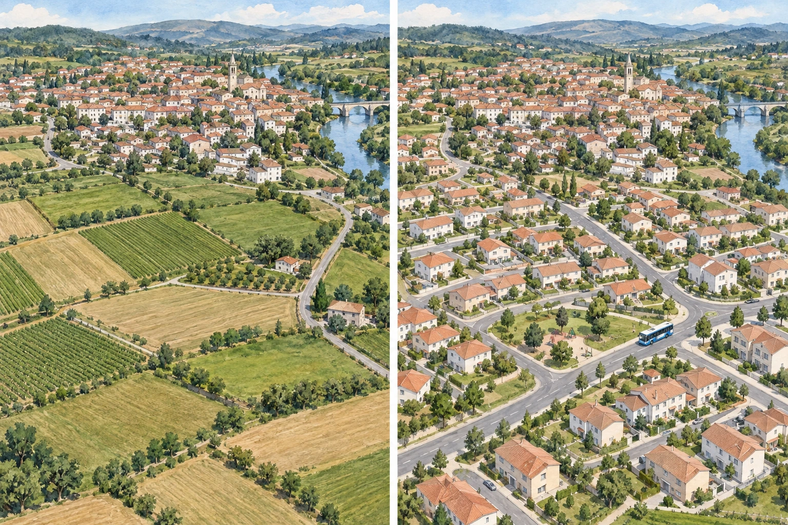 Dois momentos da mesma paisagem: parcelas agrícolas e depois casas servidas por autocarro.