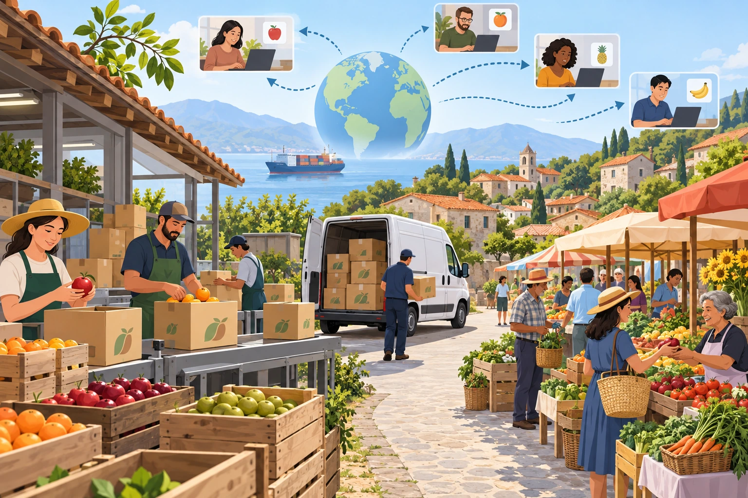 Produtores de fruta embalam para clientes distantes enquanto a vila mantém um mercado próximo.