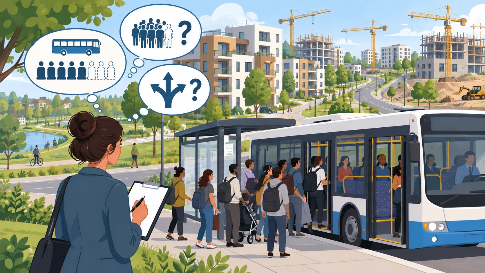 Bairro em expansão, transportes e investigação de capacidade urbana.