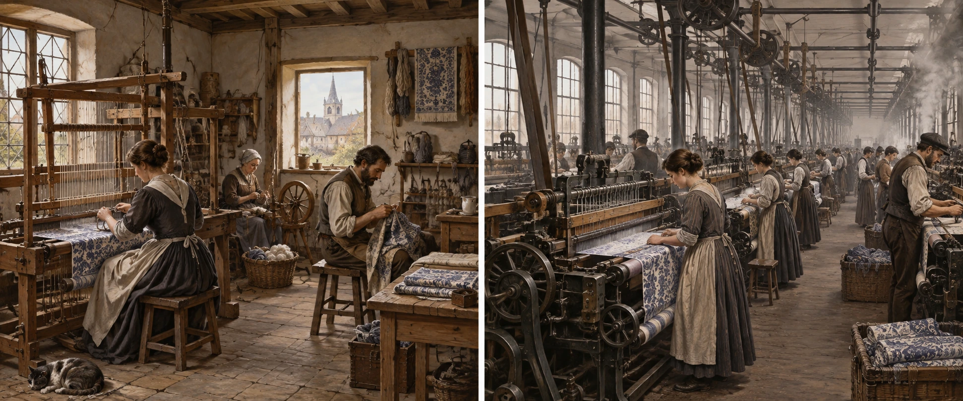 Oficina têxtil artesanal comparada com fábrica mecanizada e trabalho concentrado.