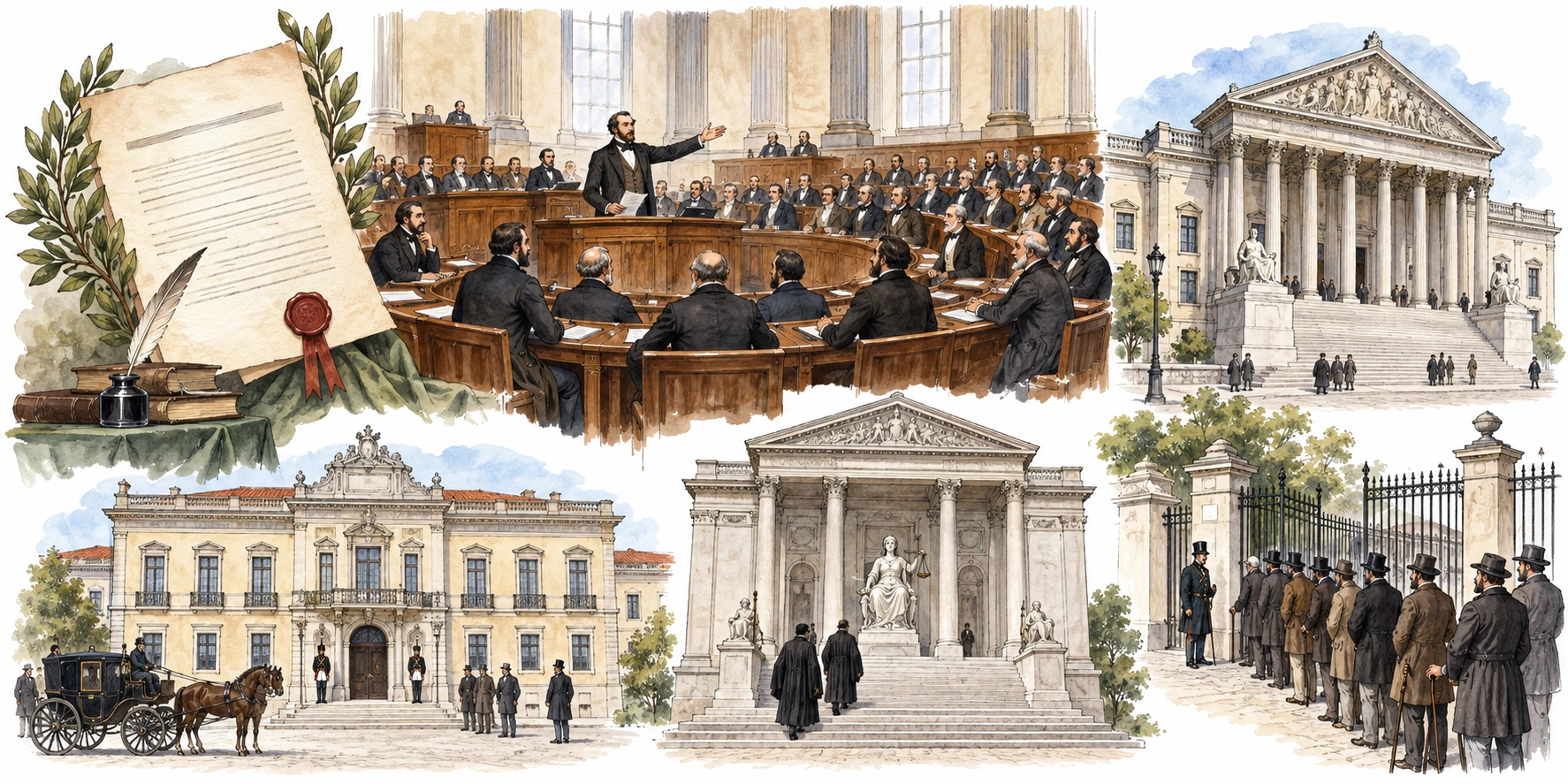Montagem conceptual com documento constitucional, assembleia, edifícios de poder e acesso restrito à votação.