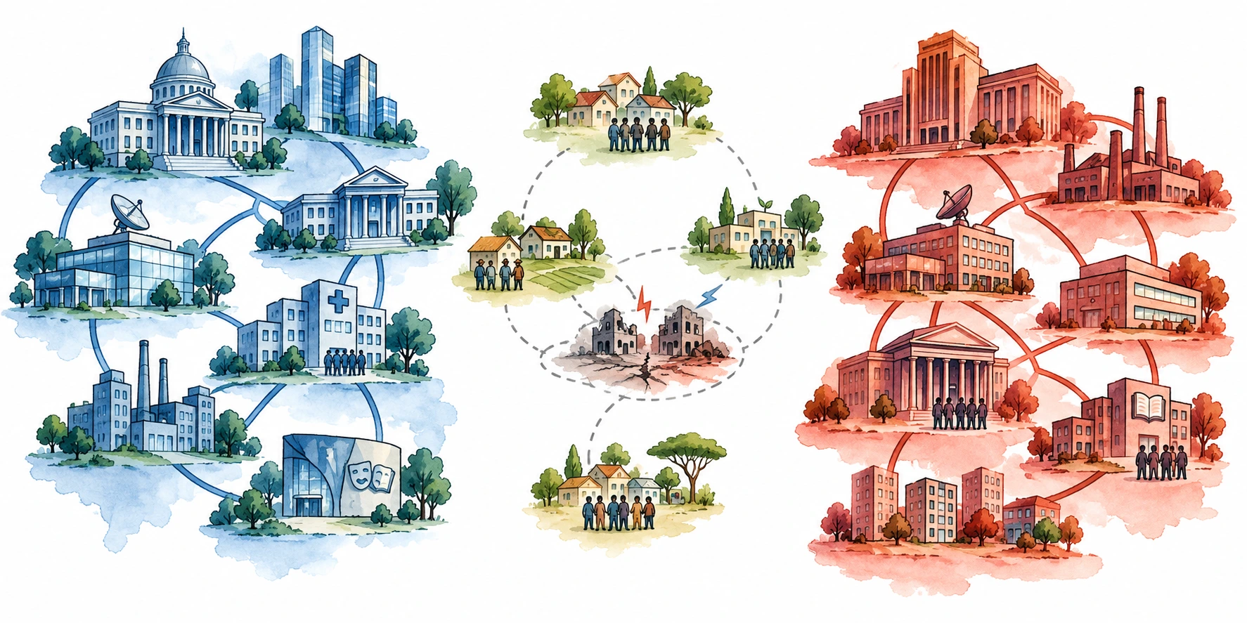 Dois conjuntos de instituições formam polos distintos; comunidades independentes permanecem entre eles e uma zona mostra tensão local.