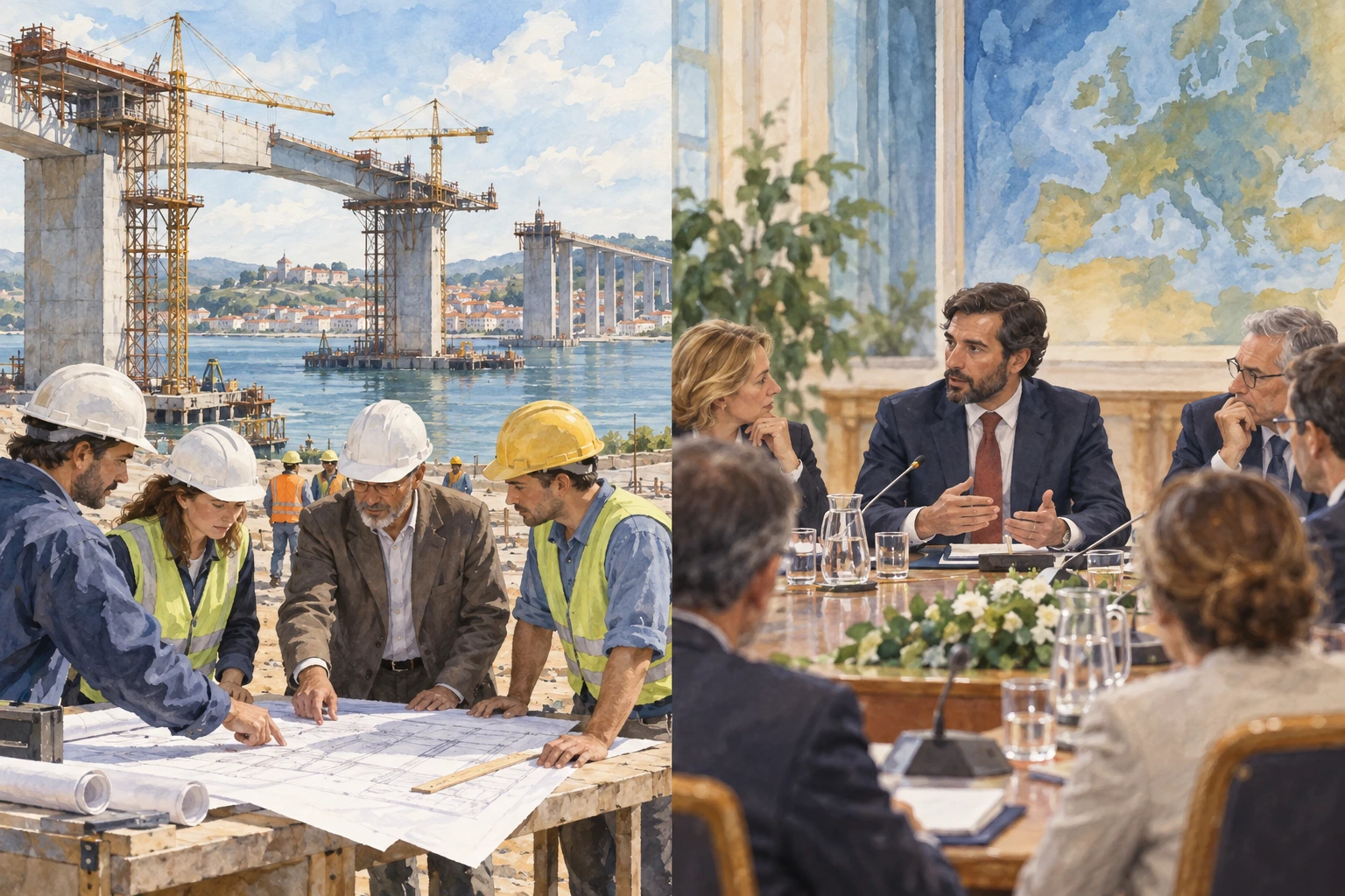 Engenheiros planeiam uma ponte em parceria e representantes participam num conselho.