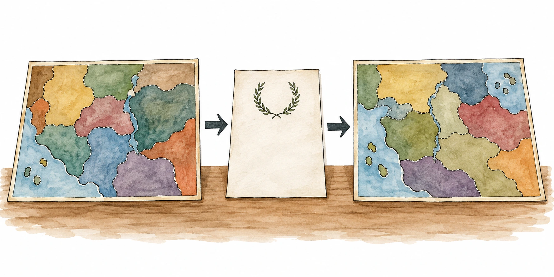 Dois mapas abstratos de regiões inventadas mostram limites diferentes antes e depois de um documento de paz.
