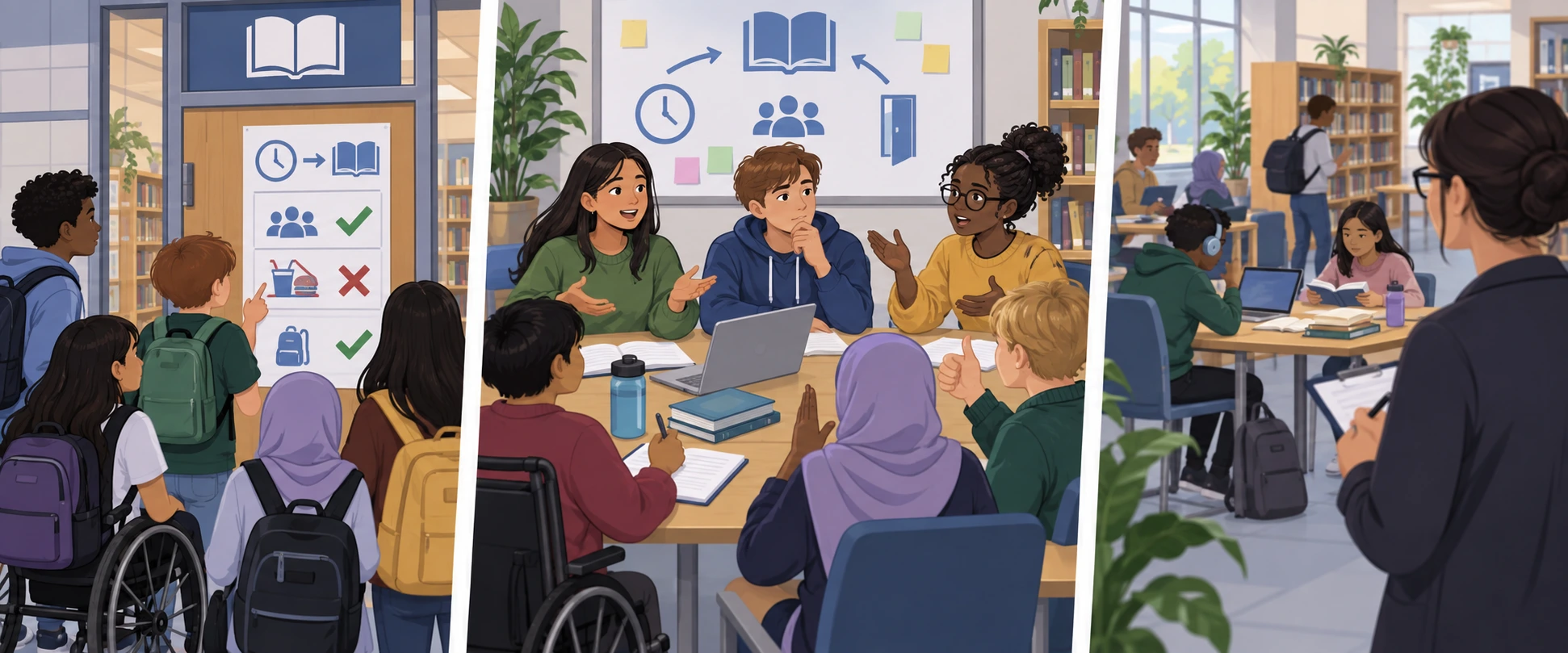 Alunos observam uma regra de biblioteca, discutem-na em conselho e usam o espaço.