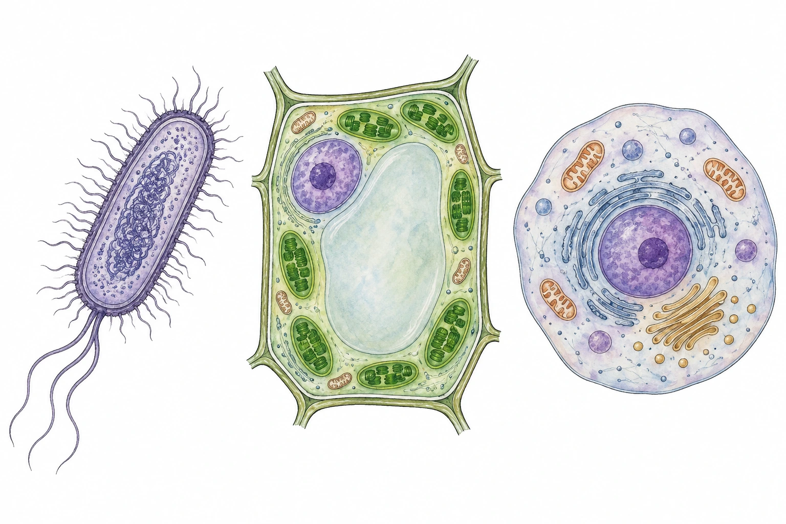 Bactéria, célula vegetal e célula animal desenhadas com estruturas contrastantes.