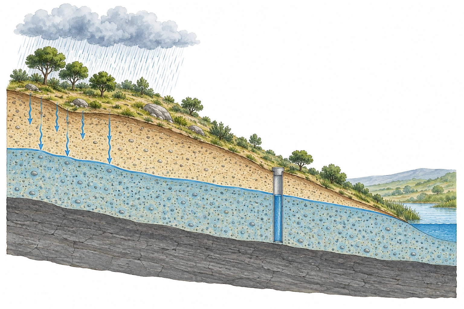 Corte de terreno com infiltração, zona saturada, poço e camada menos permeável.