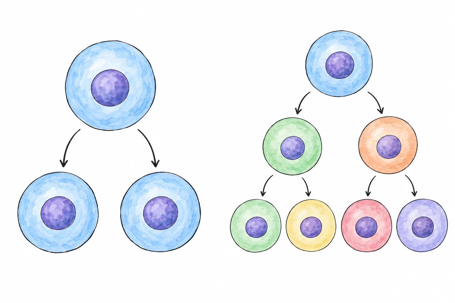 Uma célula origina duas células na mitose e quatro na representação simplificada da meiose.