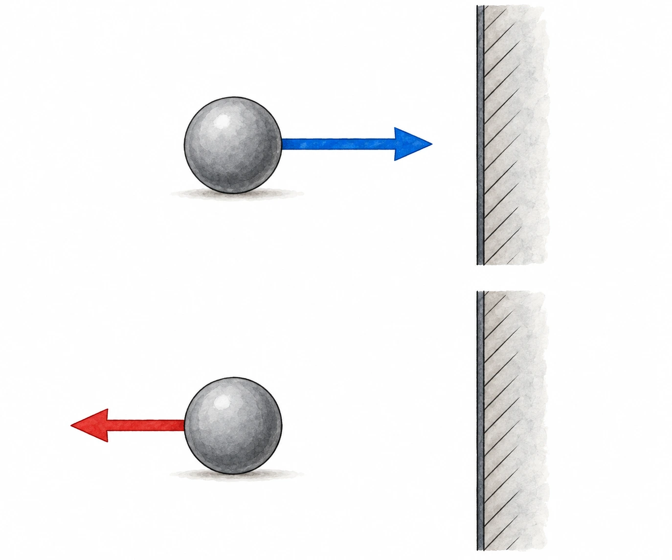 Bola e parede com sentidos de movimento antes e depois de colisão.