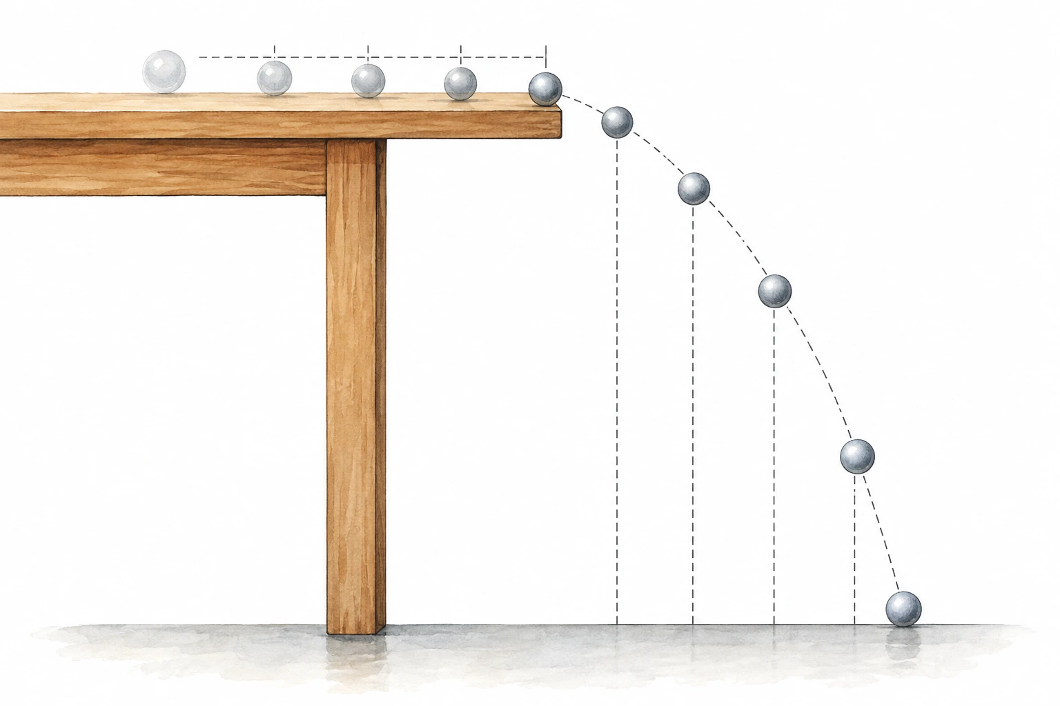 Bola que sai de uma mesa e segue trajetória parabólica até ao solo.