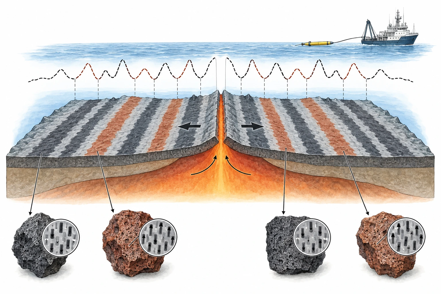 Faixas magnéticas alternadas e simétricas de ambos os lados de dorsal oceânica.