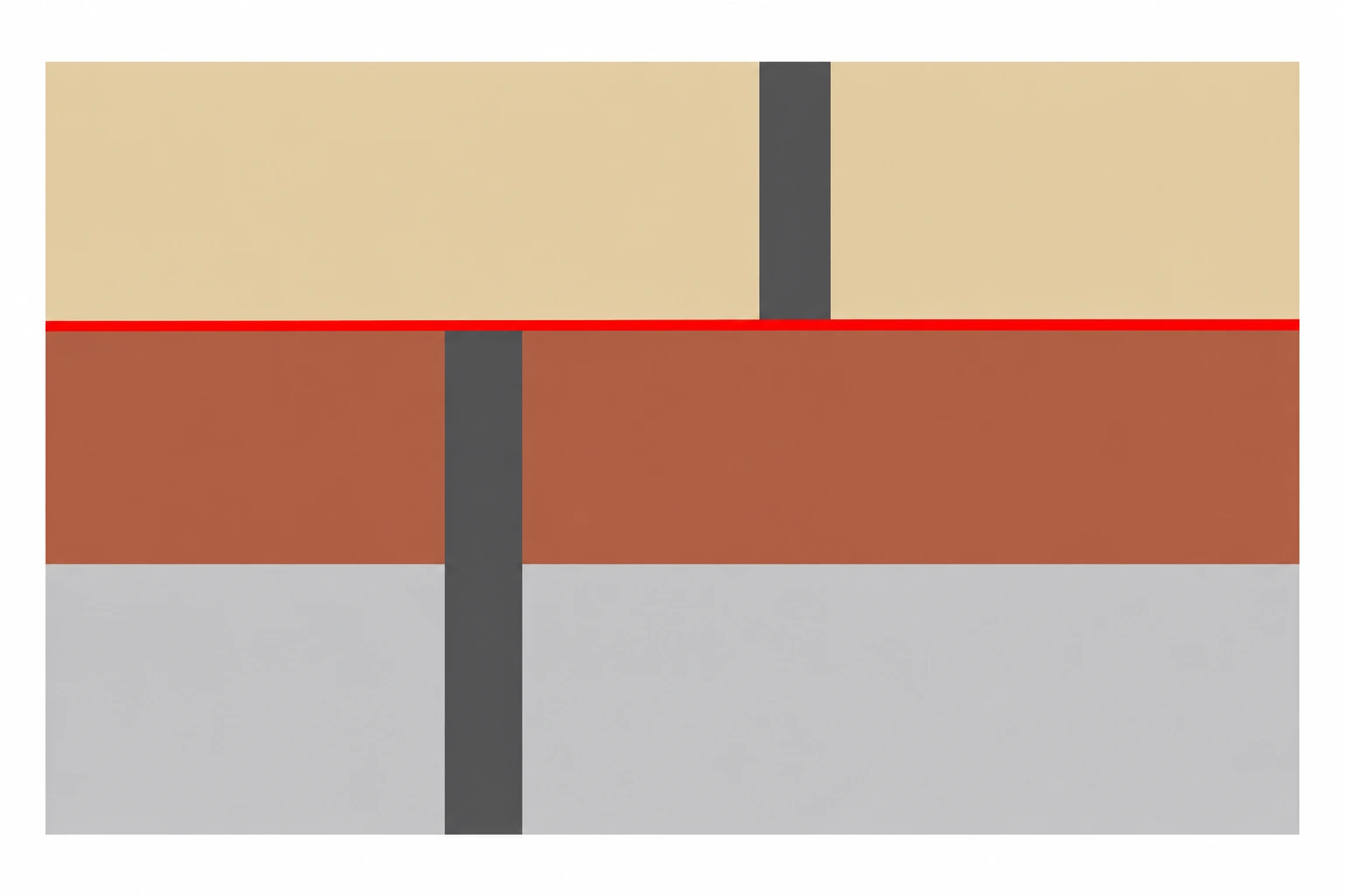 Três camadas horizontais cortadas por um filão escuro; a falha horizontal vermelha separa os dois troços deslocados do filão.
