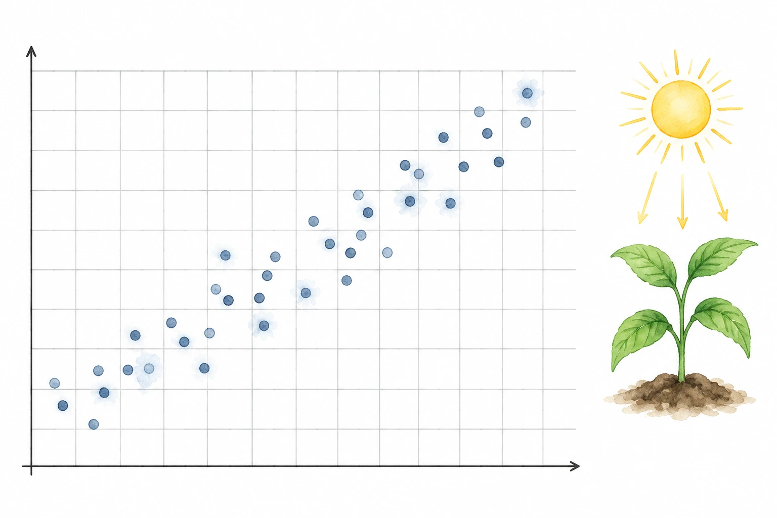 Diagrama de dispersão crescente acompanhado por planta e sol como alerta de contexto.