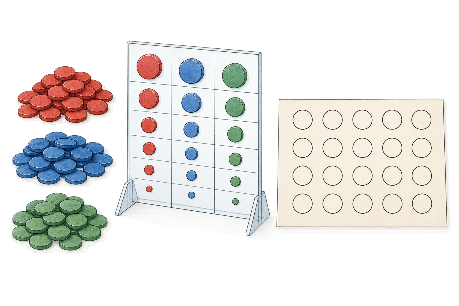 Peças coloridas organizadas numa grelha de quocientes para distribuir lugares.