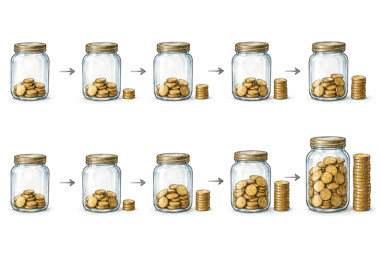 Frascos sucessivos com quantidades crescentes de moedas em dois padrões.