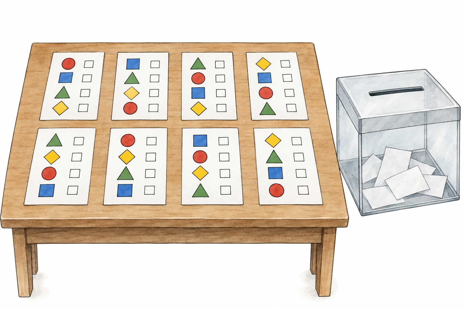 Boletins com escolhas distintas junto de uma urna, sem resultados numéricos.