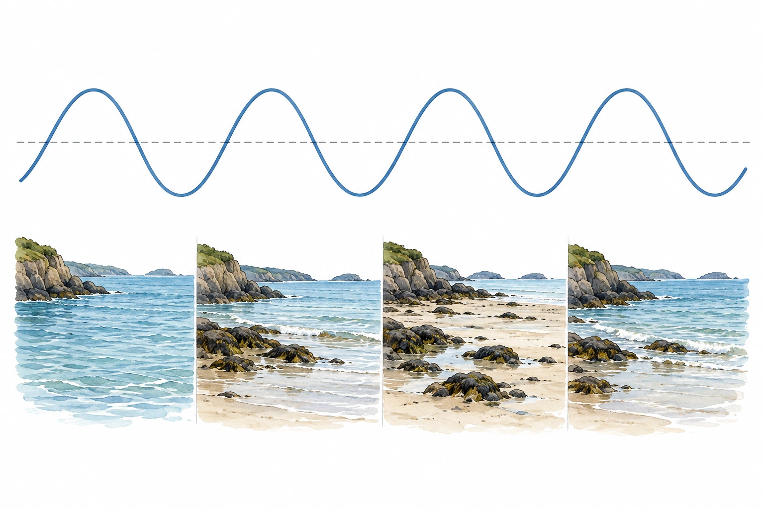 Onda senoidal repetida sobre imagens sucessivas da linha de costa.
