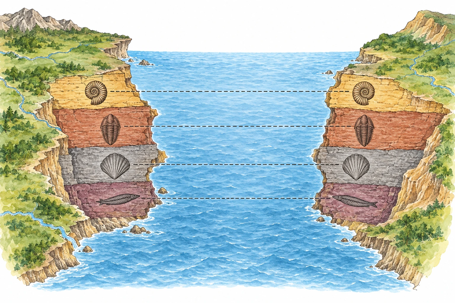 Contornos de continentes e distribuição correspondente de fósseis como indícios geológicos.