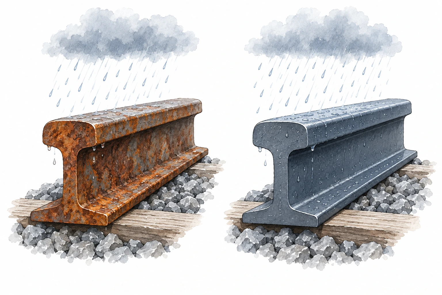 Comparação de peça de ferro oxidada e peça revestida sob chuva.