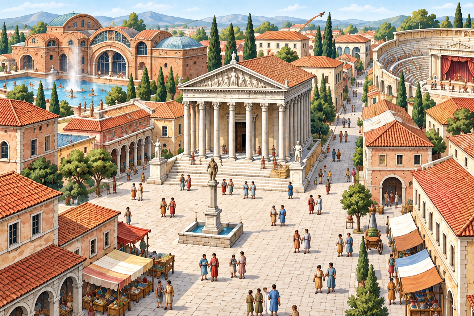 Reconstrução conceptual de cidade romana imaginada: praça central, templo com colunas, casas junto a ruas, banhos ao fundo e edifício de espetáculos à direita.