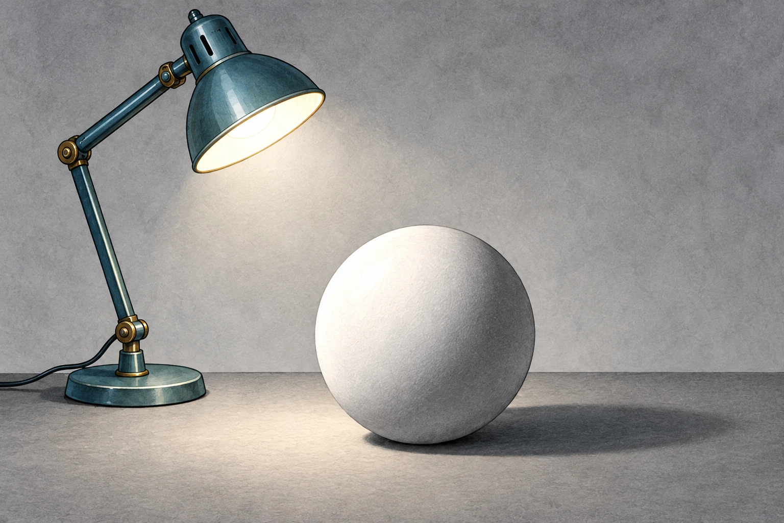 Esfera branca sobre mesa cinzenta, iluminada por uma lâmpada colocada acima à esquerda; a esfera escurece para a direita e projeta sombra na mesa desse lado.