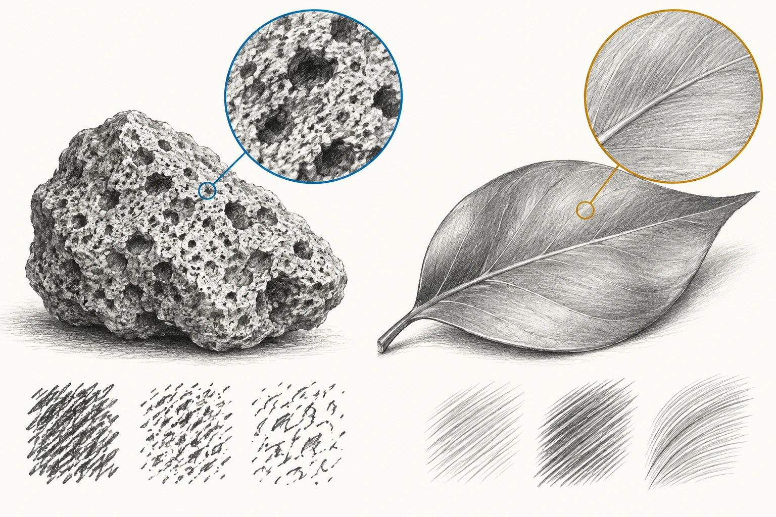 Ilustração didática de «Construir textura com pressão e direção do traço» aplicada ao cenário descrito na leção.
