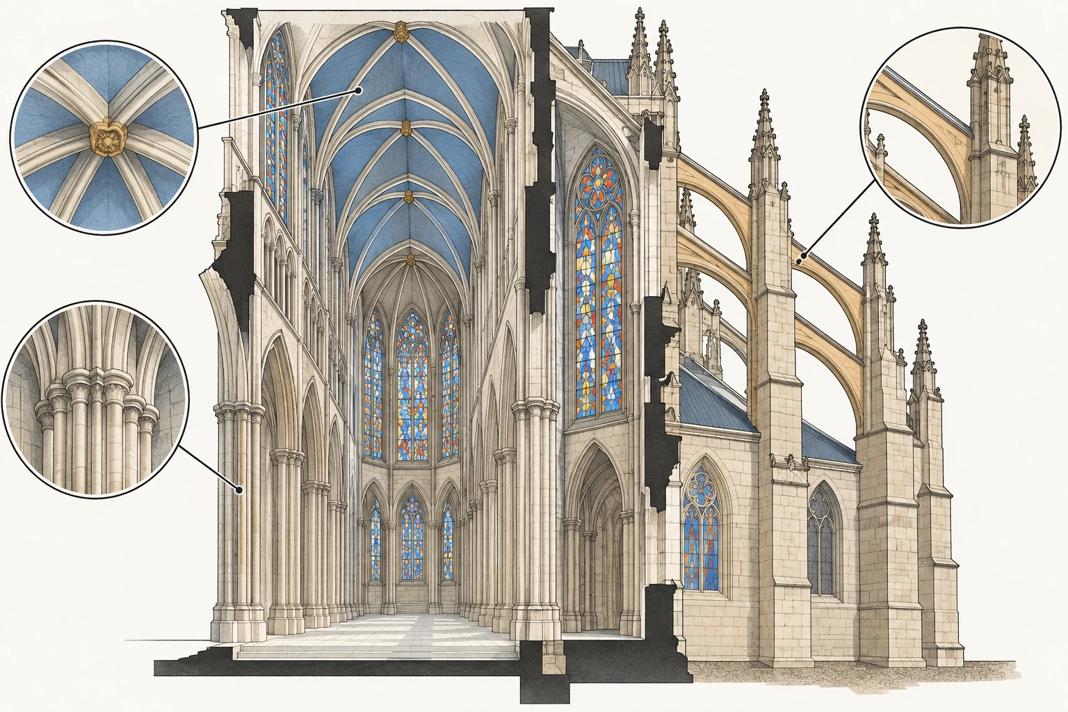 Ilustração didática de «Ler luz e estrutura numa catedral gótica» aplicada ao cenário descrito na leção.