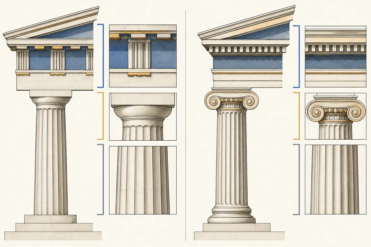 Ilustração didática de «Comparar soluções formais da arquitetura grega» aplicada ao cenário descrito na leção.