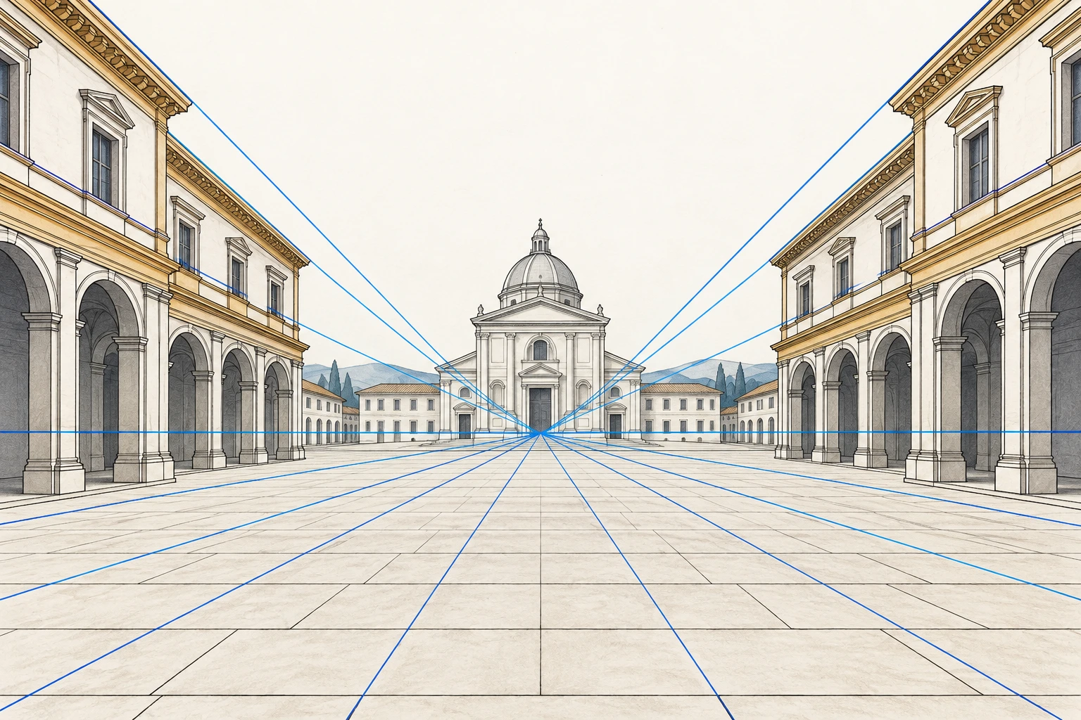 Ilustração didática de «Reconhecer a perspetiva linear no Renascimento» aplicada ao cenário descrito na leção.