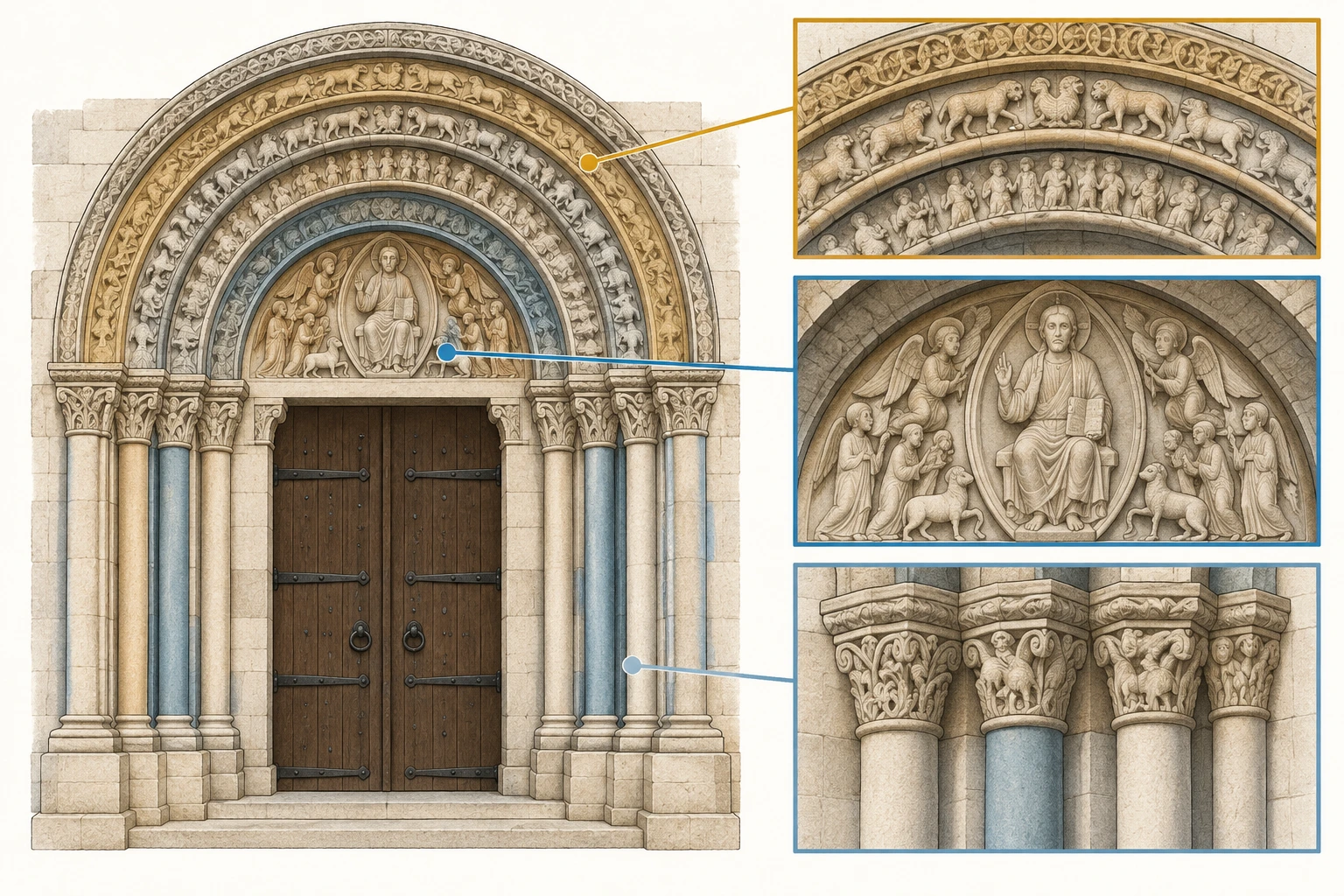 Ilustração didática de «Reconhecer estrutura e função de um portal românico» aplicada ao cenário descrito na leção.