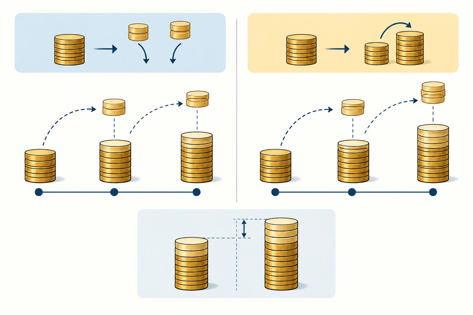 Ilustração didática de «Comparar juros simples e compostos num plano de poupança» aplicada ao cenário descrito na leção.