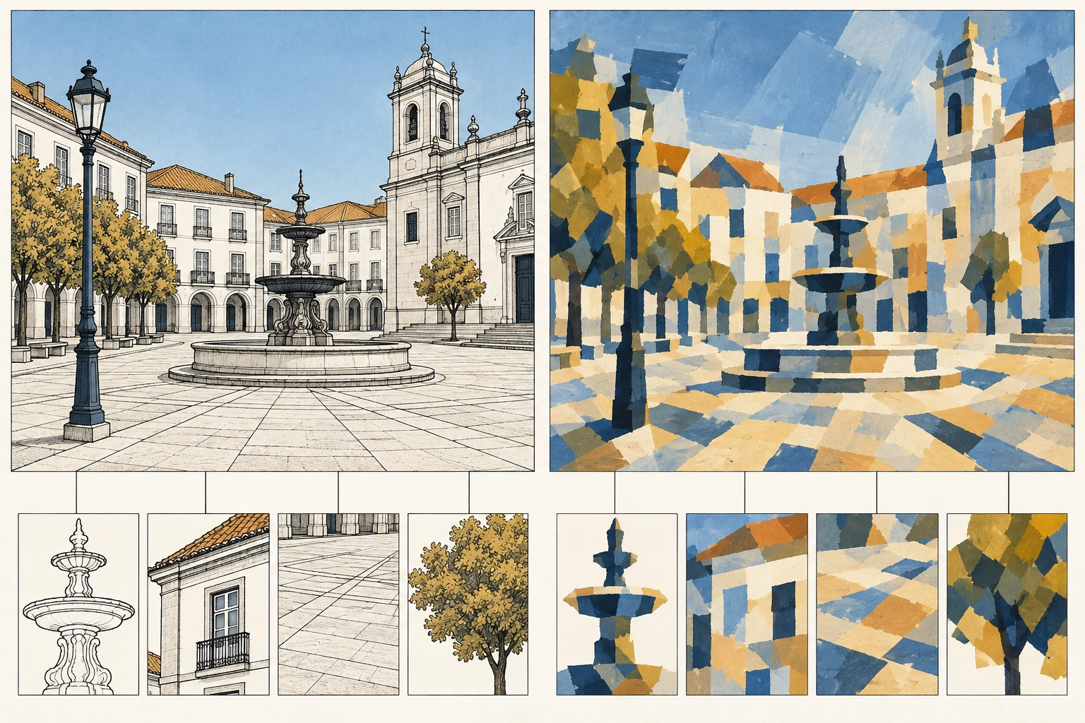 Ilustração didática de «Comparar critérios visuais de duas obras» aplicada ao cenário descrito na leção.
