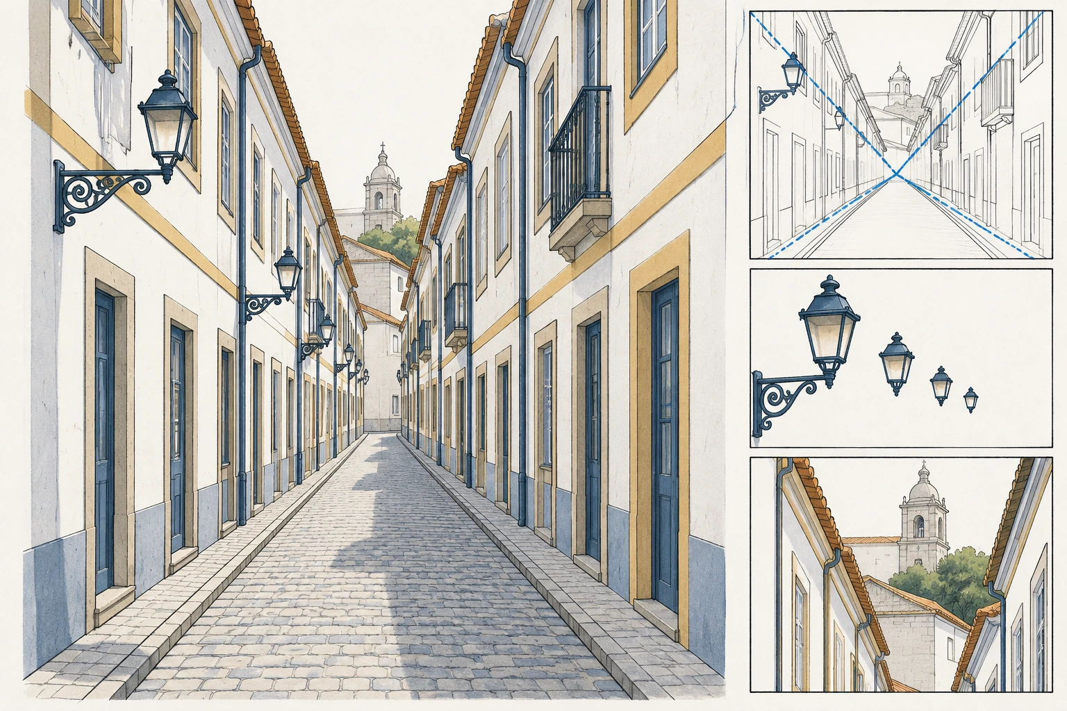 Ilustração didática de «Registar profundidade numa rua observada» aplicada ao cenário descrito na leção.