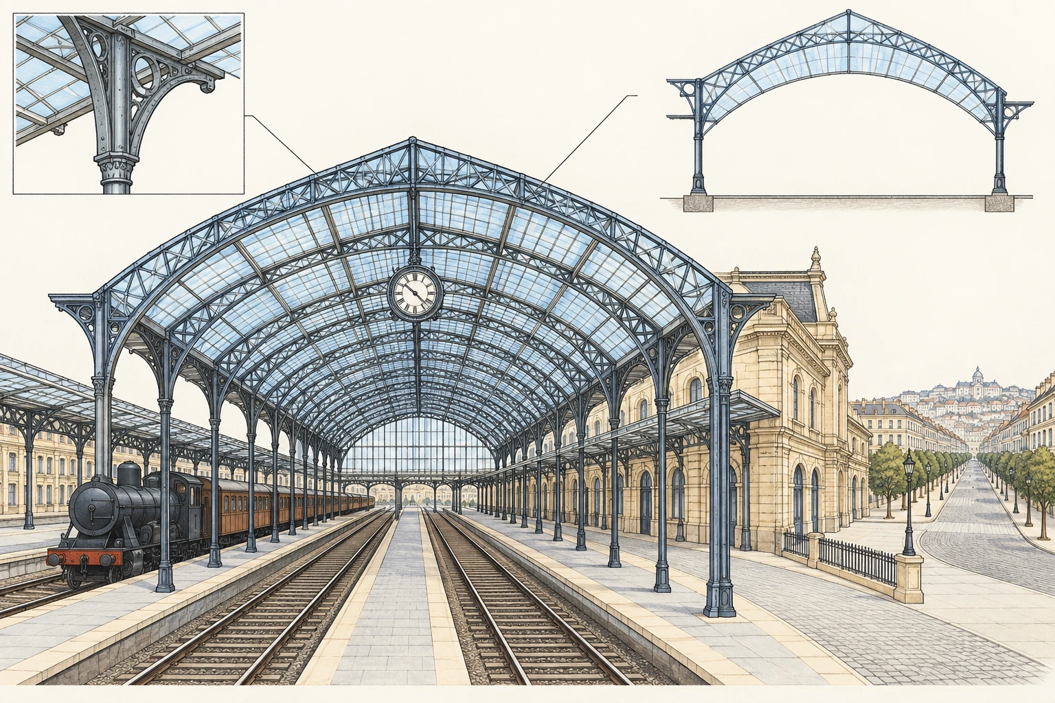Ilustração didática de «Interpretar a gare como espaço urbano do século XIX» aplicada ao cenário descrito na leção.