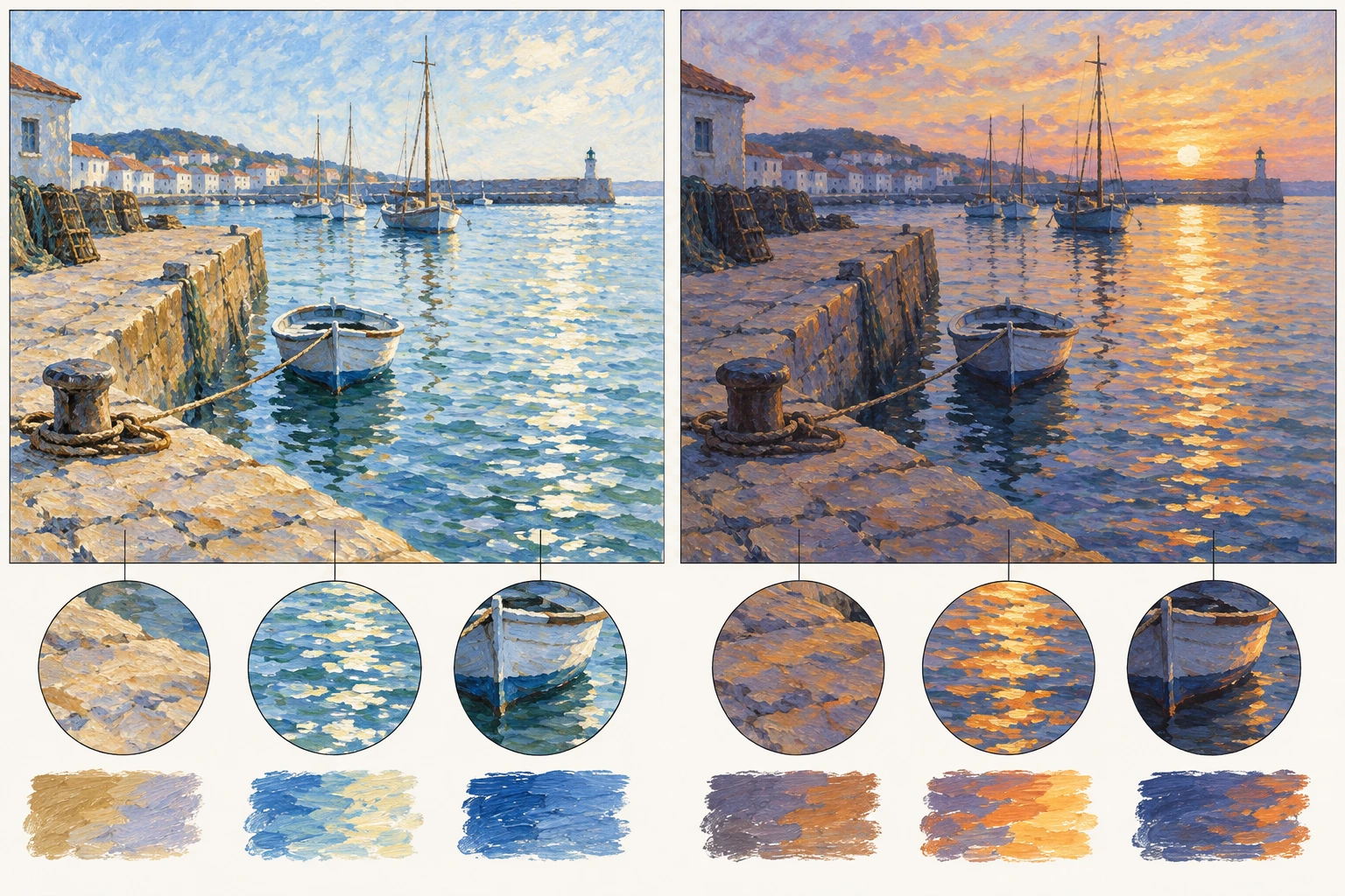 Ilustração didática de «Analisar variação de luz numa pintura impressionista» aplicada ao cenário descrito na leção.