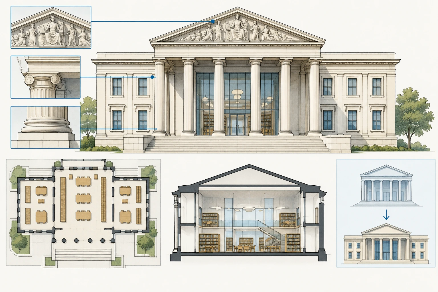 Ilustração didática de «Ler linguagem clássica num edifício cívico» aplicada ao cenário descrito na leção.
