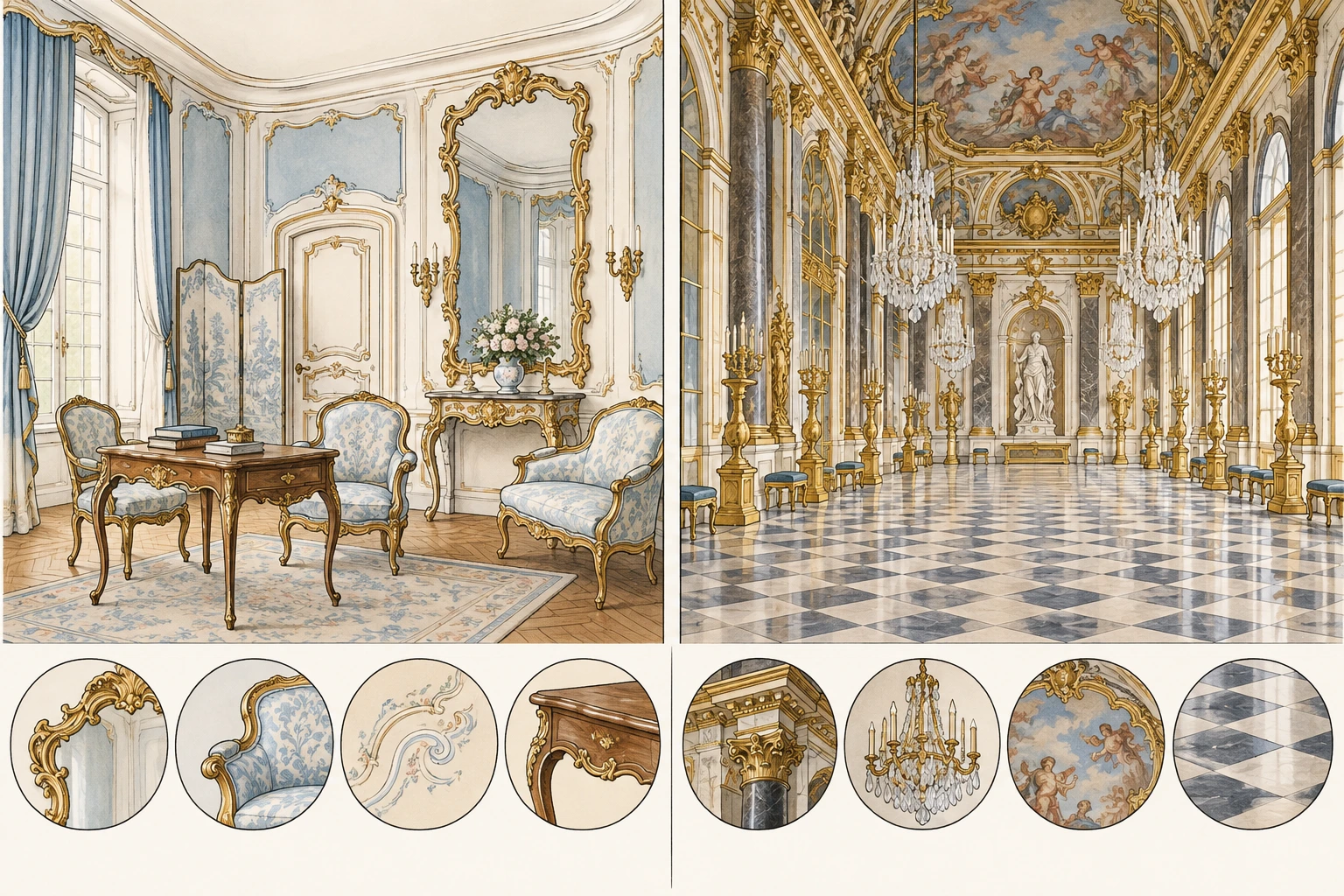 Ilustração didática de «Distinguir intimidade e ornamento rococó» aplicada ao cenário descrito na leção.