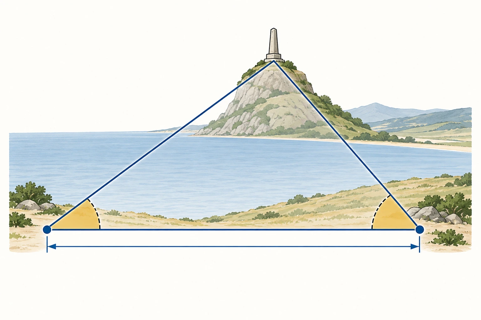 Ilustração didática de «Resolver uma distância num triângulo não retângulo» aplicada ao cenário descrito na leção.