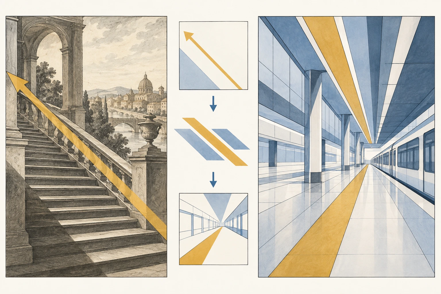 Diagonais de uma escadaria antiga são isoladas em esquemas e transformadas em linhas de percurso de uma estação atual.