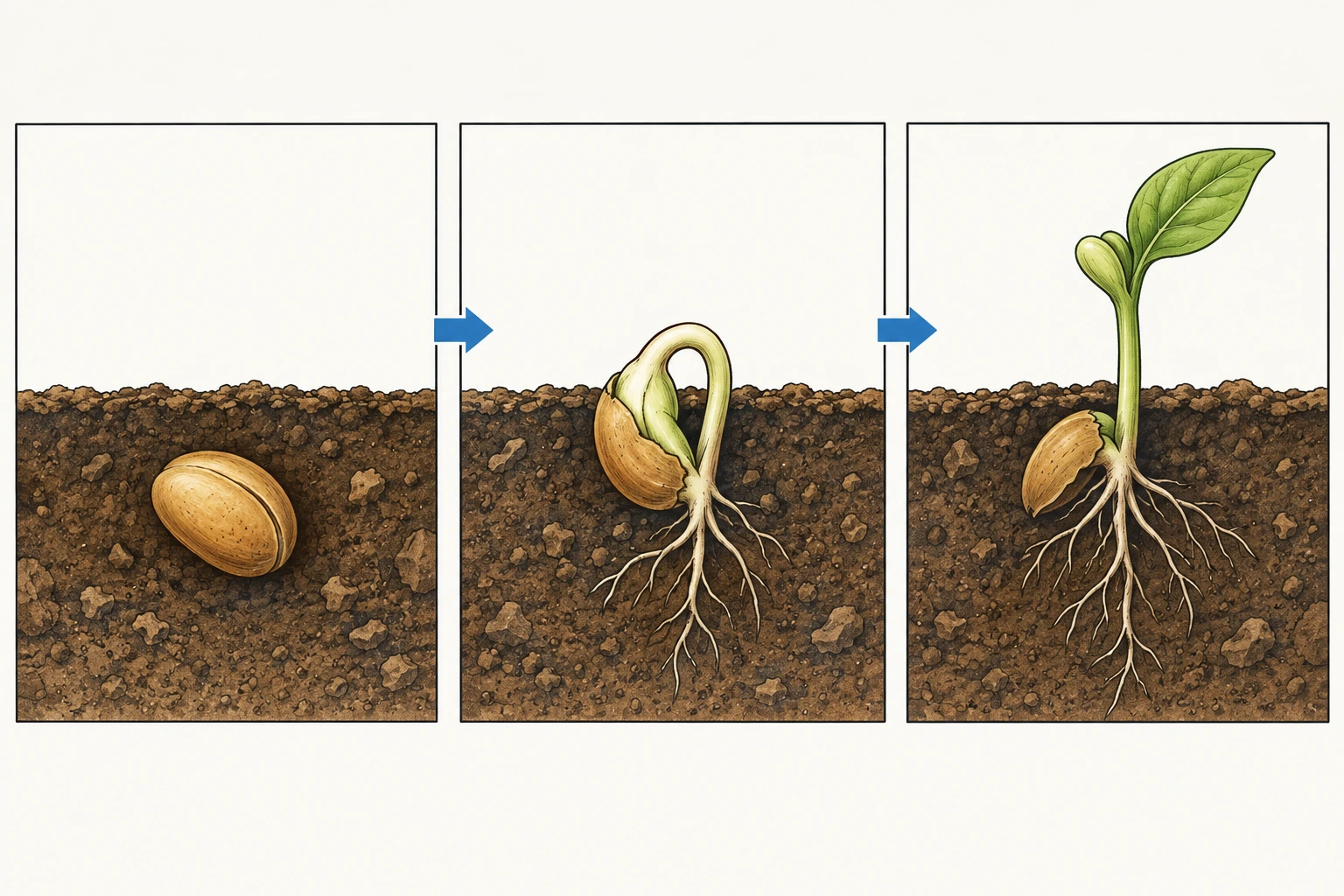 Três quadros da mesma semente na terra: antes de germinar, com raiz e broto, e com a primeira folha.