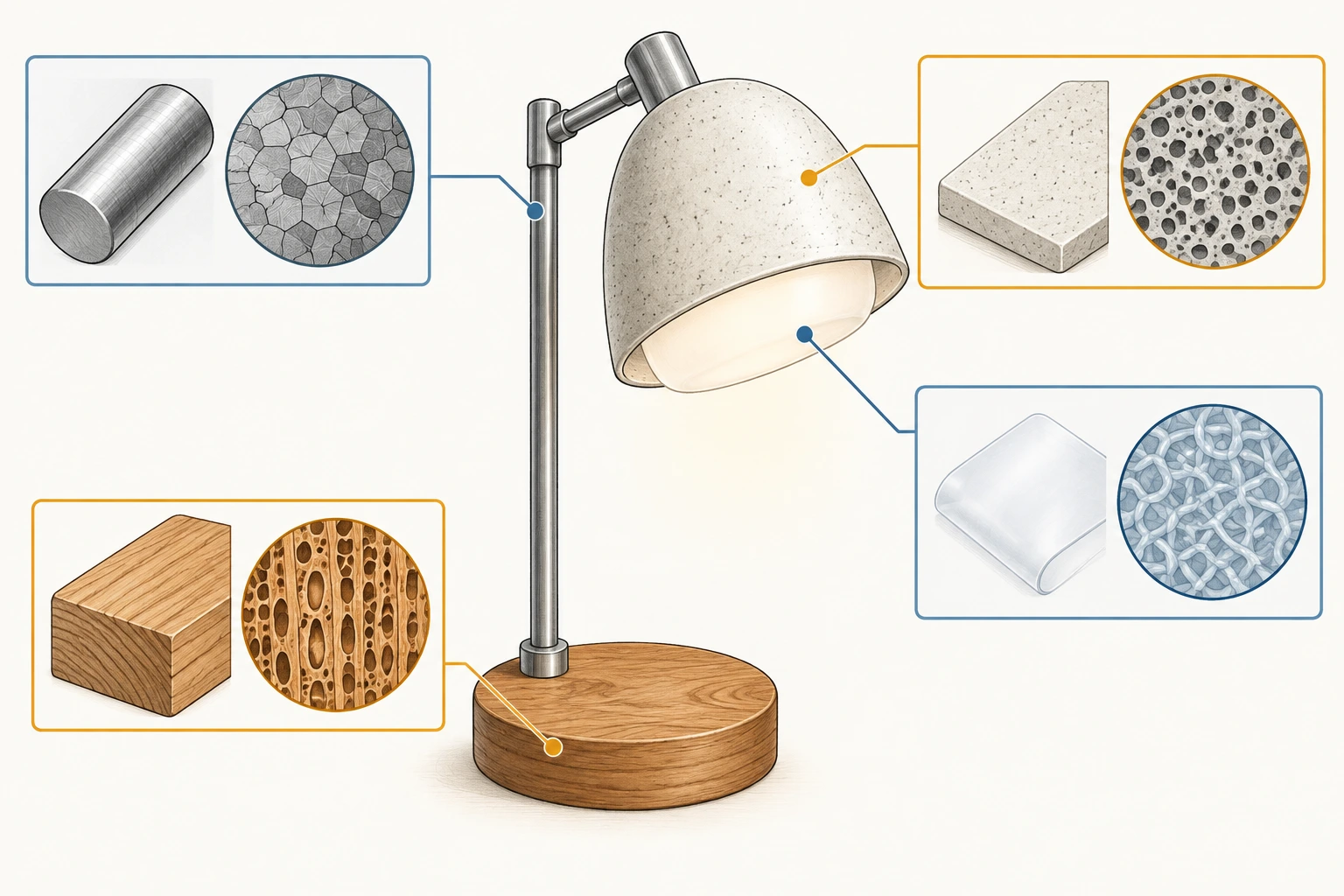 Luminária com base de madeira, haste metálica, cúpula cerâmica e difusor translúcido; chamadas mostram a textura de cada material.