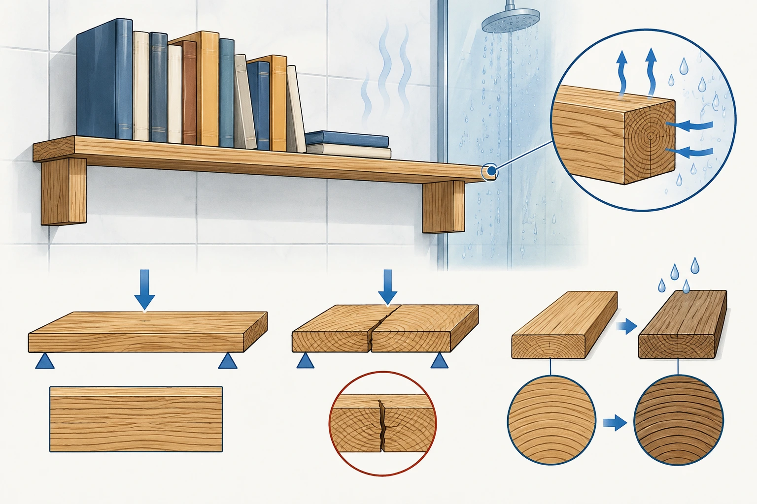 Prateleira de madeira com livros numa parede húmida; esquemas mostram vão, direção das fibras, fissura e variação por humidade.