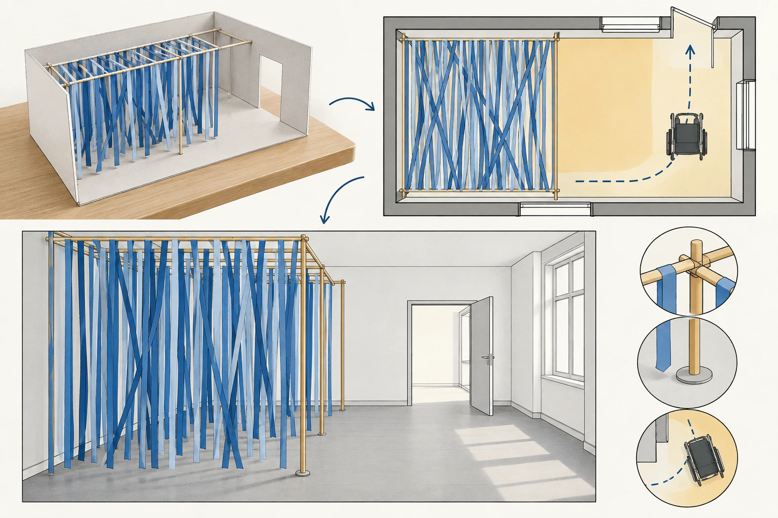 Maquete e sala real com fitas azuis suspensas; planta e pormenores mostram a porta, passagem e pontos de fixação.