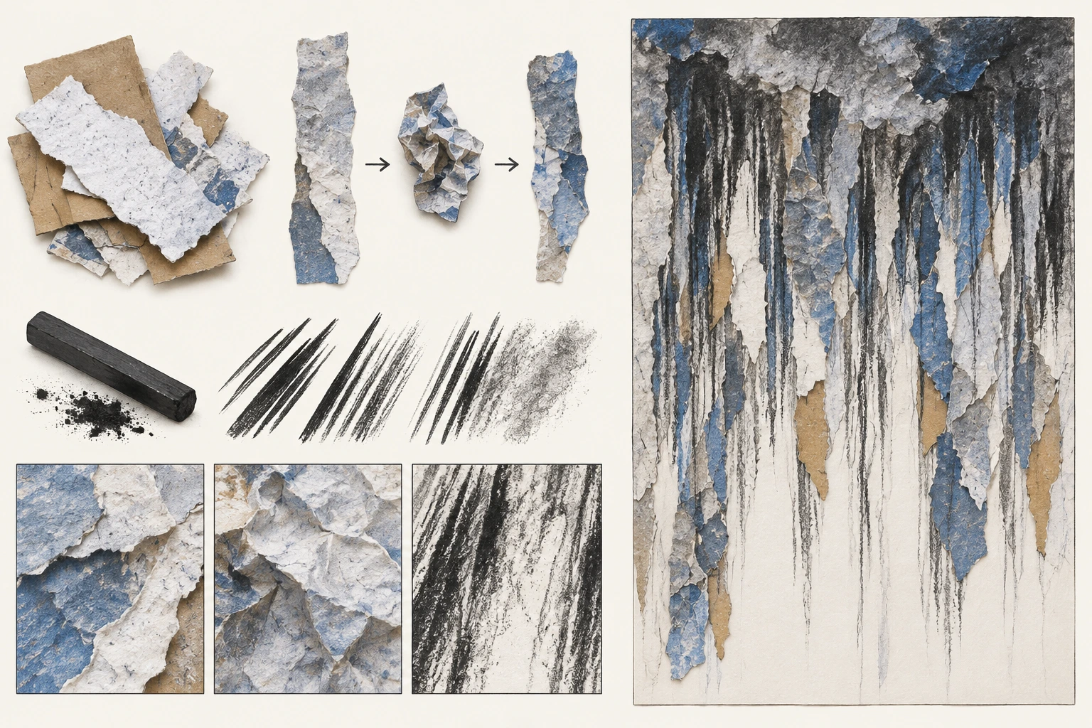 Papel rasgado, marcas de carvão seco e esfregado e amostras de textura compõem um painel de linhas que sugerem chuva.