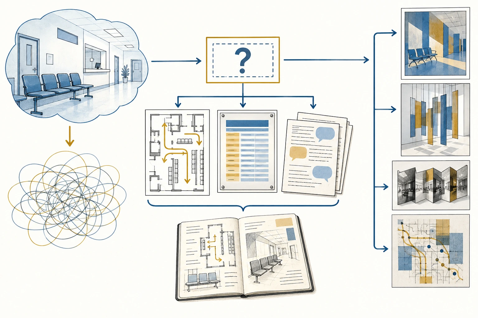 Esquema parte de uma sala de espera, passa por mapas e notas recolhidas e chega a várias propostas visuais.