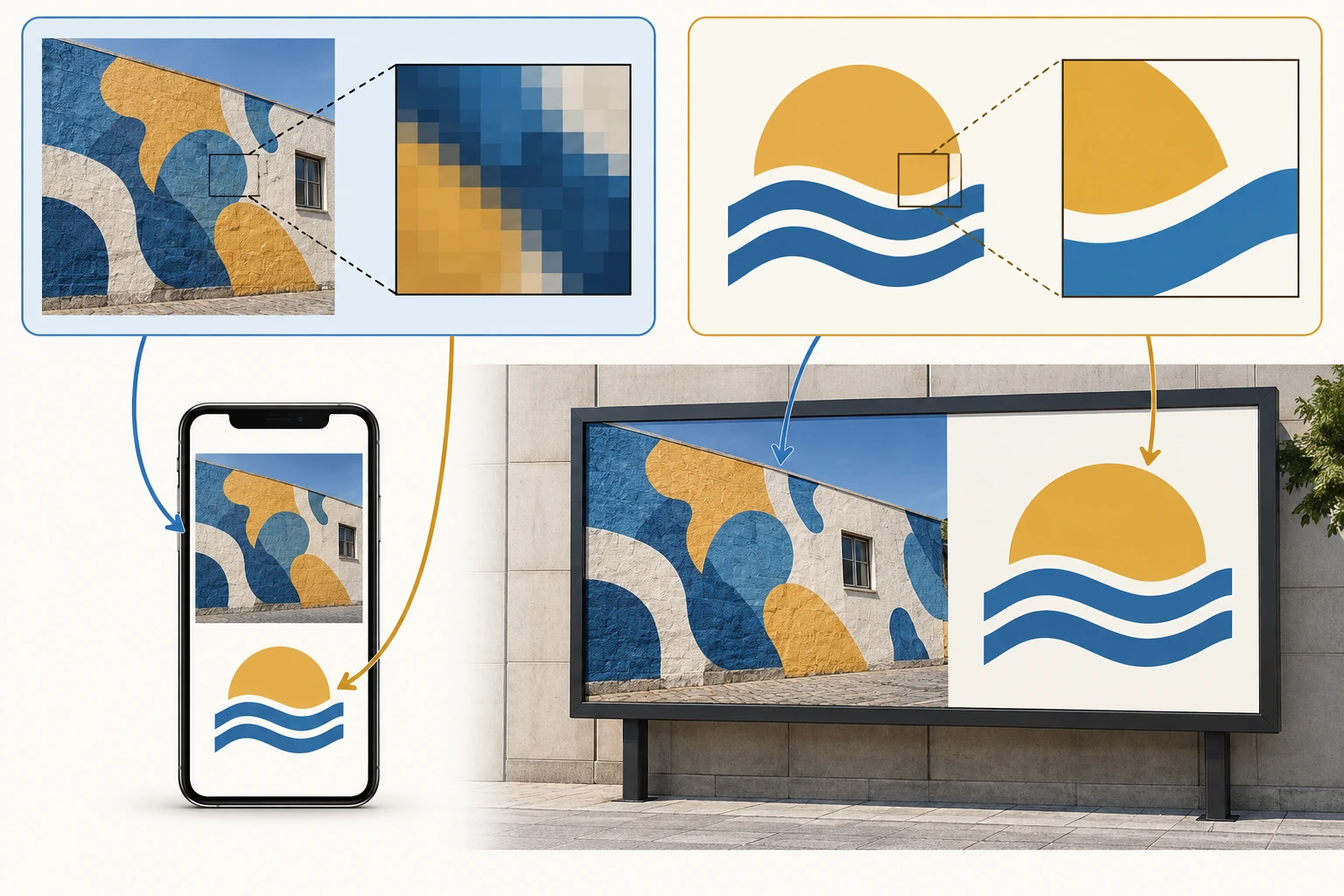 Fotografia de mural revela píxeis ao ampliar; ícone de formas curvas conserva contornos nítidos em telemóvel e painel.