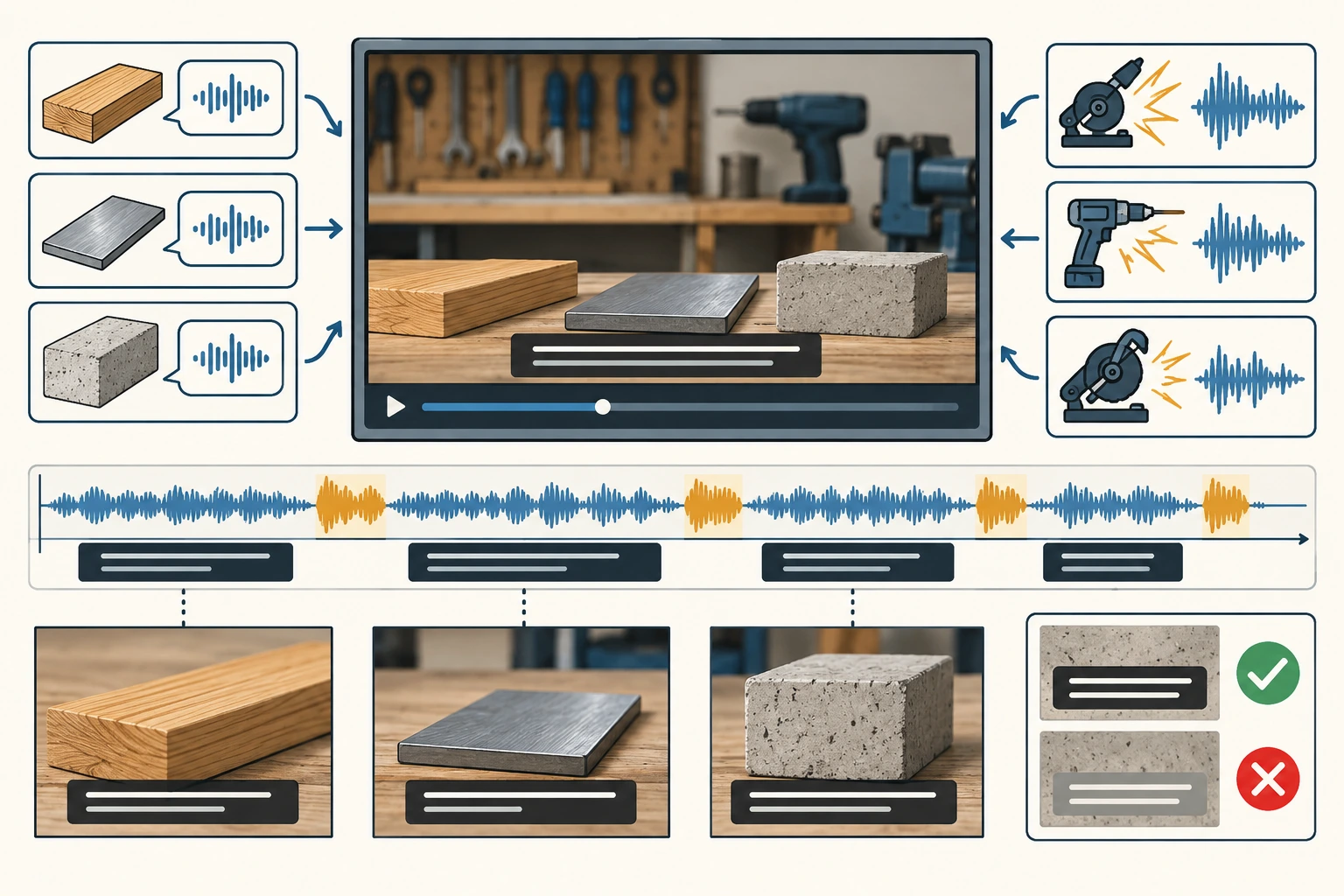Vídeo de oficina com três materiais, ondas de fala e ferramentas; segmentos de legenda acompanham momentos diferentes.